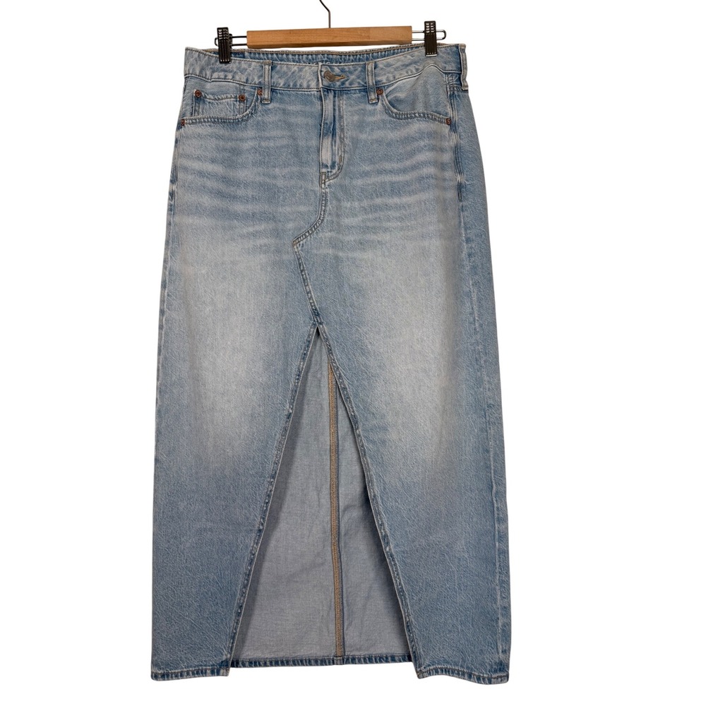 American Eagle Low Rise Womens Light‎ Wash Denim Maxi Skirt With Slit y2K Size 8